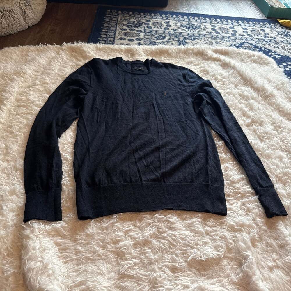 AllSaints 100% Merino Crew Neck Ramskull Sweater in Black Medium